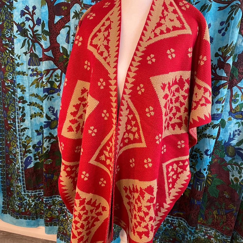 Red and Cream Women's Poncho